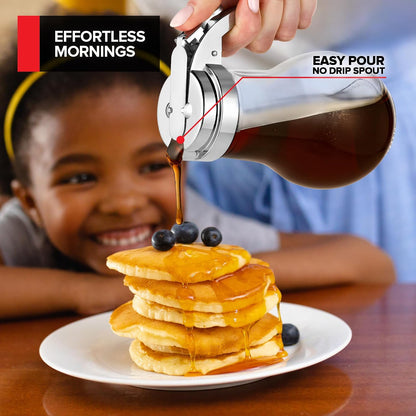 14 oz Glass Syrup Dispenser With No Drip Bottle for Maple Syrup, Honey, Pancake Mix, or Sugar - Dishwasher Safe Container With Metal Easy Pour Lid (414mL)