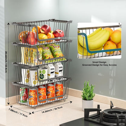 GAOKASE 4 Pcs Stackable Wire Baskets for Pantry Organizers and Storage,Vegetable Fruit Basket for Countertop,Kitchen Storage Metal Baskets,Produce Potato Onion Storage Bin-Black