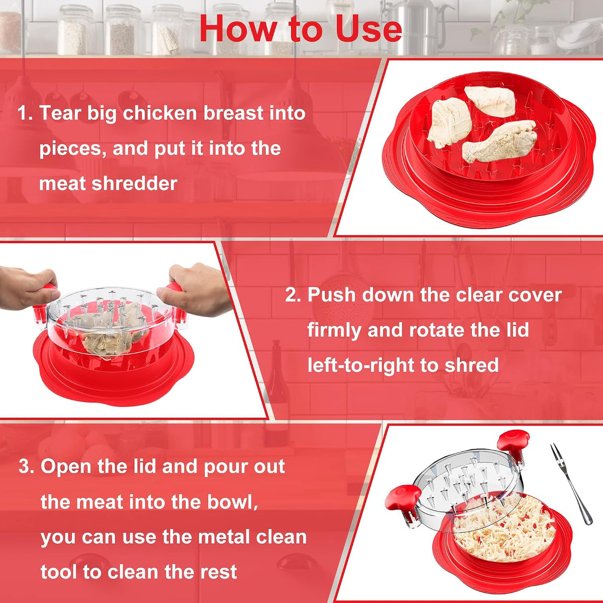 Chicken Shredder Tool Twist Large Meat Shredder with Brush&Fork, Black