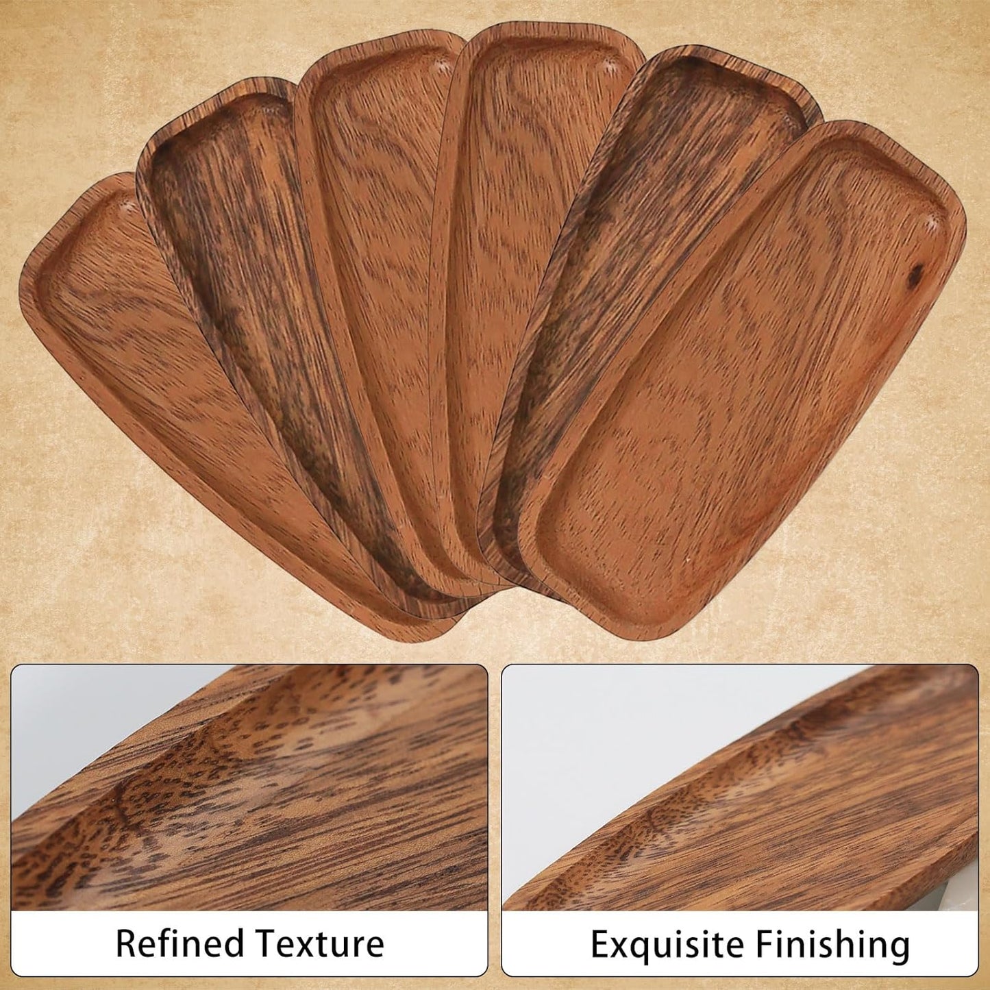 Mini Wooden Serving Platters and Trays, 7-inch Solid Acacia Wood Serving Plates for Food/Snacks/Appetizer, also as Jewelry Trays, Mini Charcuterie Board and Cheese Platter, Reusable (6 PCS)