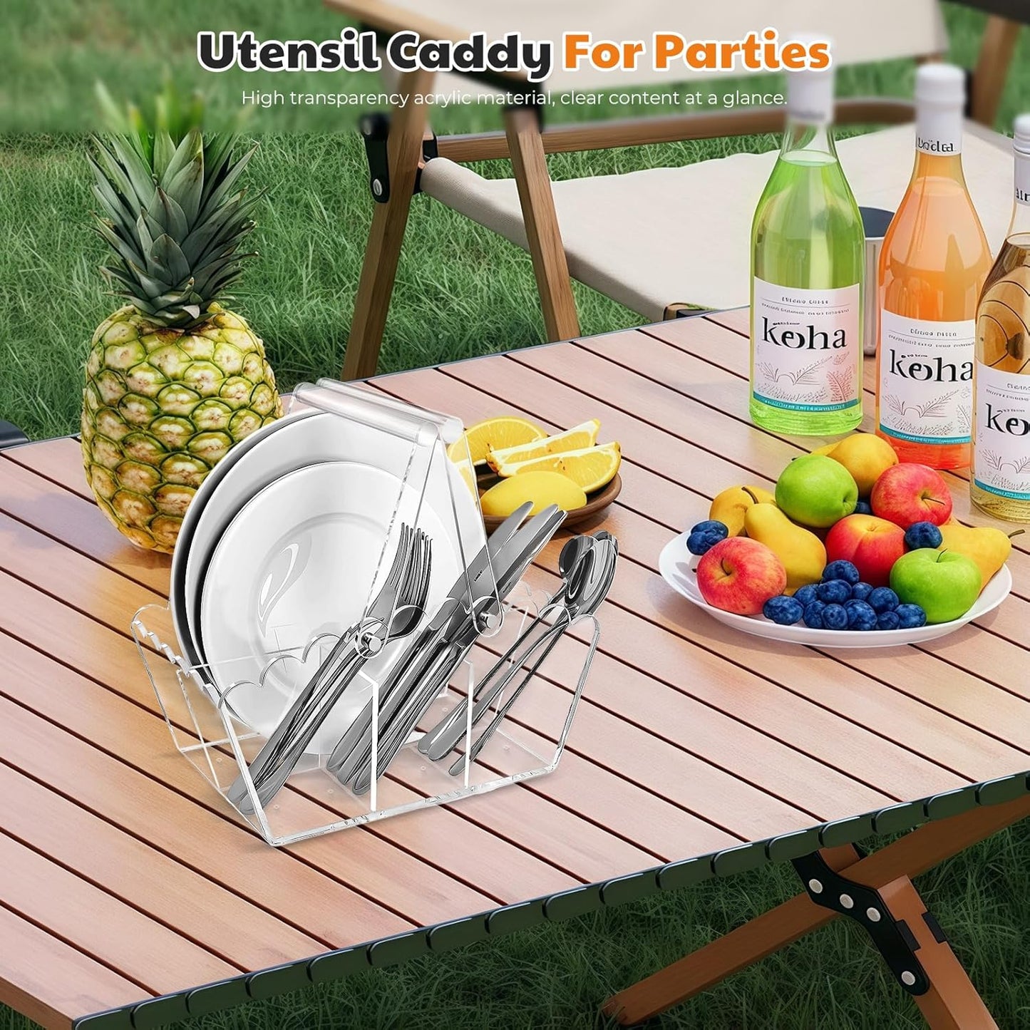 Acrylic Utensil Caddy.Silverware Organizer & Utensil Holder-Heavy-Duty Countertop Cutlery Caddy for Spoons, Forks, Knives, Napkins, Plates | Space-Saving Table, Buffet, Picnic Party Essential