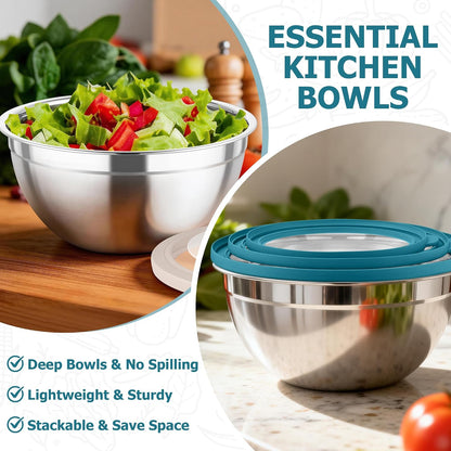 TeamFar Mixing Bowls with Lids, 4.5/3/1.5 QT Stainless Steel Nesting Salad Bowls with Airtight Lids, For Serving/Mixing/Storing/Prepping, Healthy & Sturdy, Visible & Easy Clean, Khaki, Set of 3