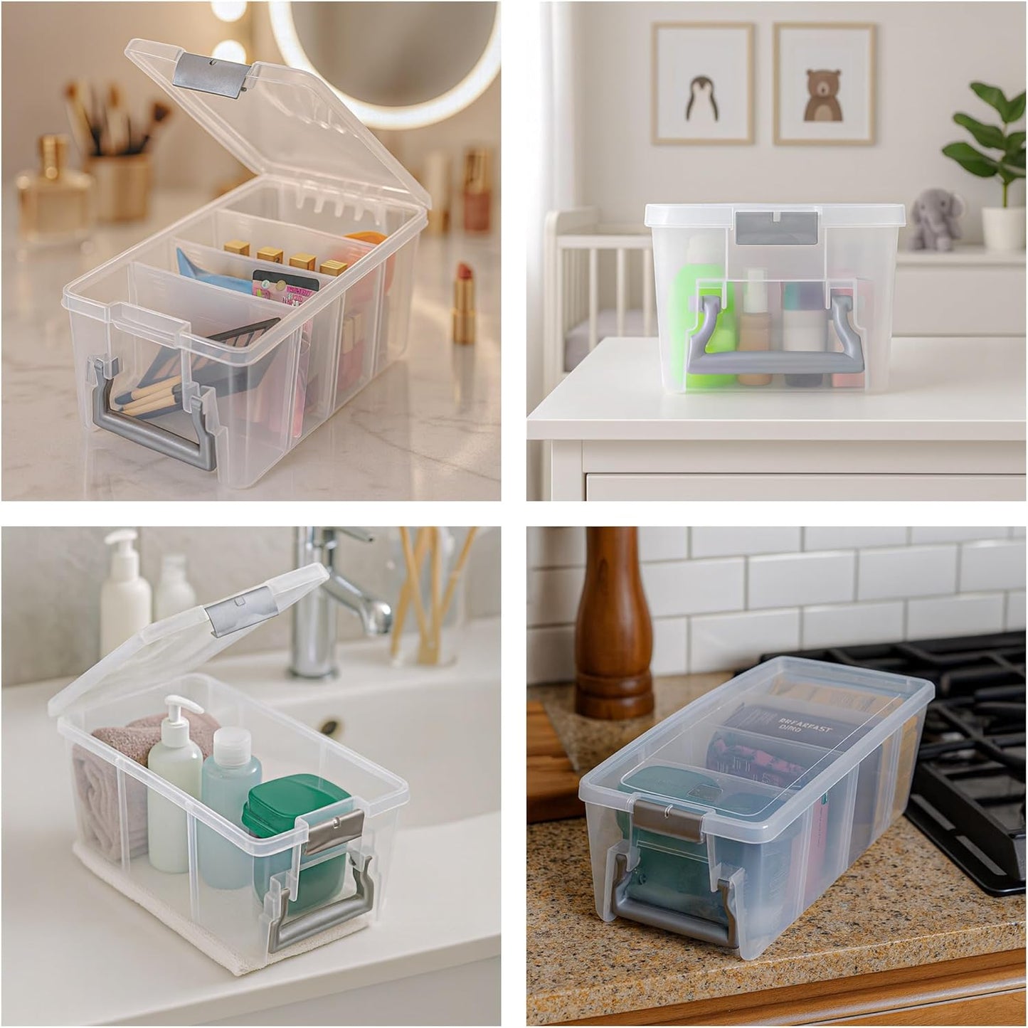 Best Kept Semi Satchel with Removable Dividers, Stackable Home Storage Organization Container, Clear with Sliver Latches and Handle