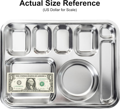 Korean Stainless Steel Divided Plates for Adults, Teens, Premium 304, Electro-Polished, No Black Residue, BPA-Free, Large 5-Compartment Food Tray, Diet Portion Control, Camping, Set of 2