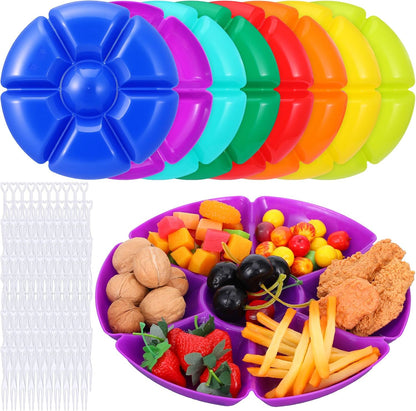 8-Pack Plastic Divided Serving Trays with 100 Forks, 7-Compartment Round Chip & Dip Plates, 10.4" Snack Platters for Party, Candy, Nuts, Fruits (8 Vibrant Colors)