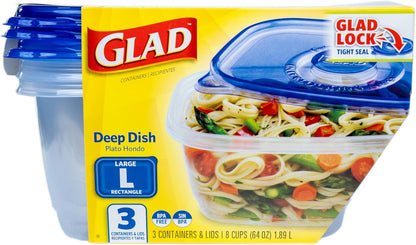 Glad GladWare Tall Entree Food Storage Containers with Lids, Large Square BPA Free Plastic for Meal Prep and Lunches, Lock Tight Seal, Microwave and Dishwasher Safe, 42 Oz, 3 Count