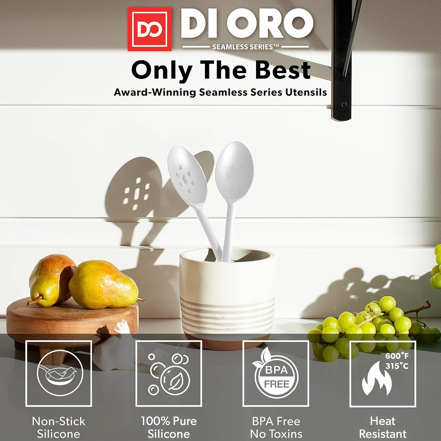 DI ORO Silicone Spoons for Cooking - Large Kitchen Spoons for Mixing, Serving, & Stirring - 600°F Heat-Resistant Non Stick Utensils – Big Solid & Slotted - Dishwasher Safe (2pc, Black)