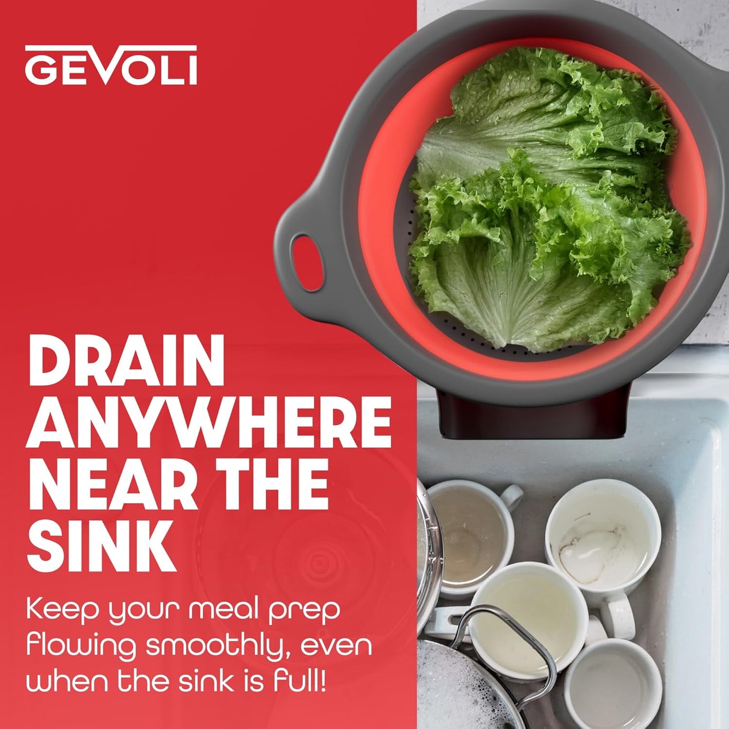 Gevoli Strainer with Self-Draining Base (5QT) Over-Sink Collapsible Kitchen Colander Set with Side-drain Base for Pasta Vegetables and Fruit, XL Large Capacity, Dishwasher Safe (5-Quart) Red/Gray