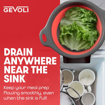 Gevoli Strainer with Self-Draining Base (5QT) Over-Sink Collapsible Kitchen Colander Set with Side-drain Base for Pasta Vegetables and Fruit, XL Large Capacity, Dishwasher Safe (5-Quart) Red/Gray