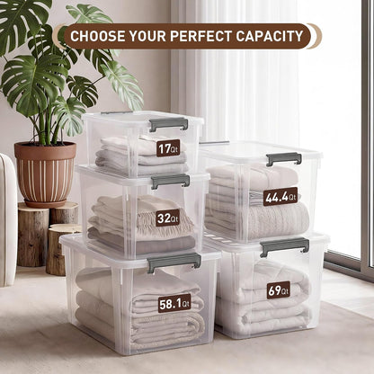 Citylife 32 QT Plastic Storage Bins with Latching Lids Stackable Storage Containers for Organizing Large Clear Storage Box for Garage, Closet, Kitchen, 4 Packs