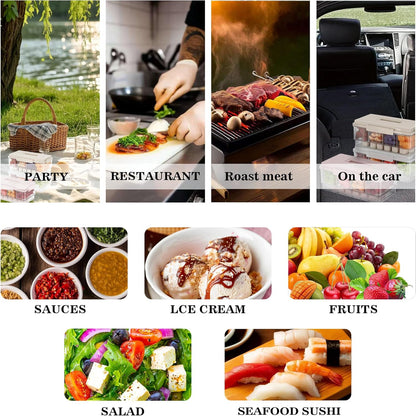2Pack Chilled Condiment Caddy with 4 Containers 4 Lids Fruit Serving Tray Platter with Handle Portable Snackle Box Organizer Server with Ice Pack for Mimosa Bar Supplies,Salad,Taco,Party Garnish,Beige