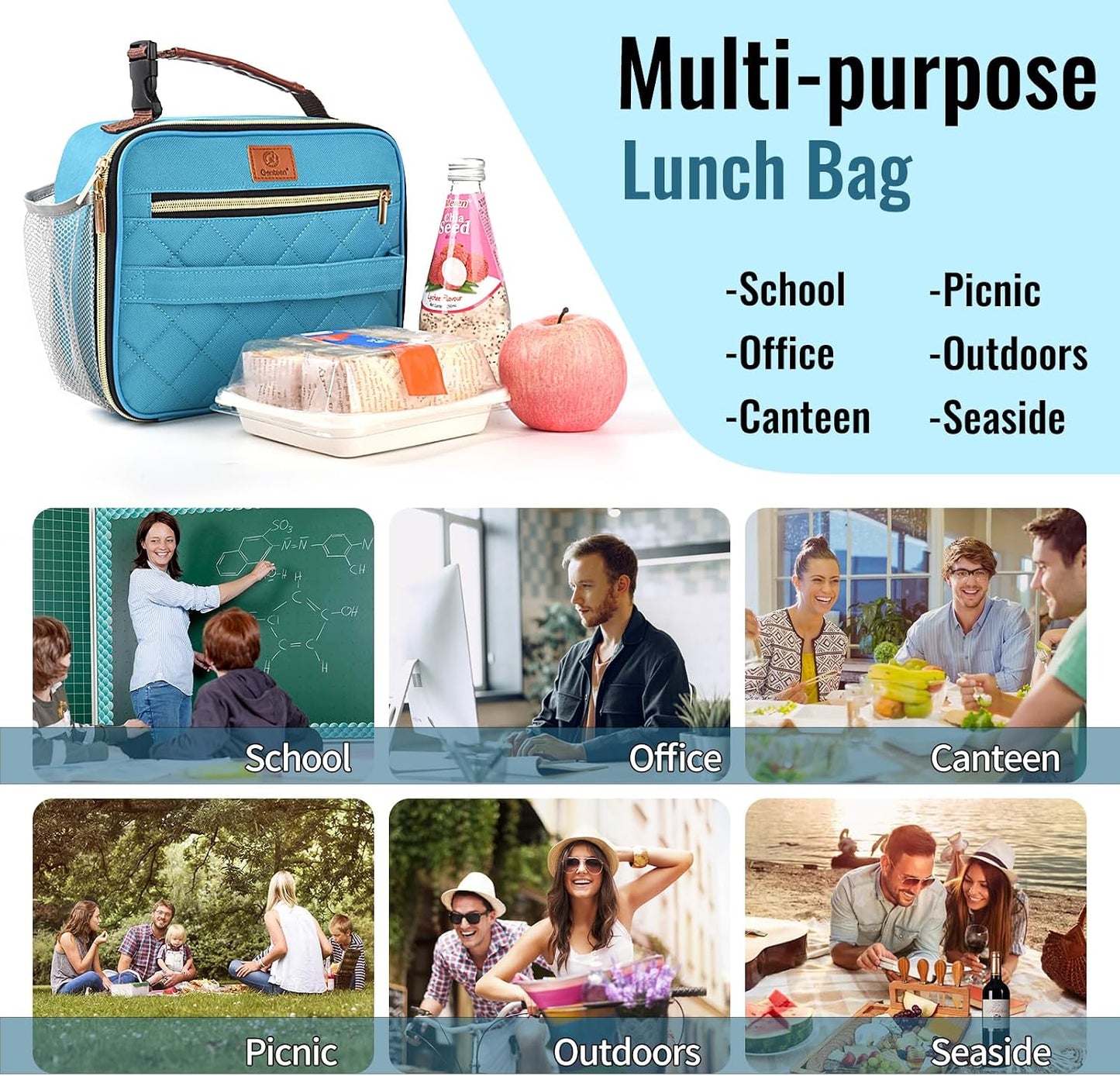 Genteen Lunch Box for Kids, Boys - Insulated Small LunchBox Reusable, Zip Closure & Buckle Handle, Portable Cooler for Work, School, Travel (Lake Green)