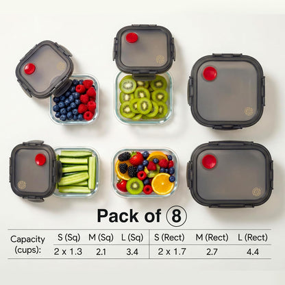 Borosilicate Glass Airtight Food Storage Containers with Vented Lids, Assorted Set of 8 (4 Rectangular & 4 Square)
