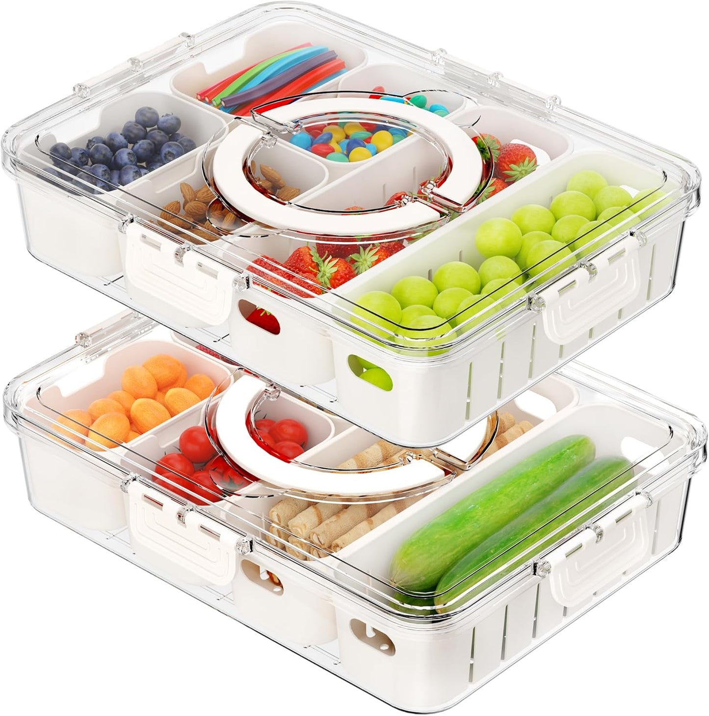 2 Pack Divided Serving Tray with Lid and Handle, 12 Compartments Snackle Box Container, Portable Platter with Drain Trays for Candy Fruit Nut, Road Trip Essentials, Picnic & Party