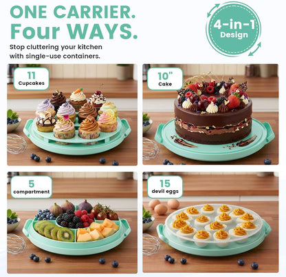 HANSGO Cake Carrier with Lid and Handle, Extra Deviled Egg Containers, Cake Holder for 10 inch Cakes with 2 Handles, 11 Capacity Cupcake Carrier, Two Sided Base for Nuts, Fruits, Muffins, Pies, Pizza