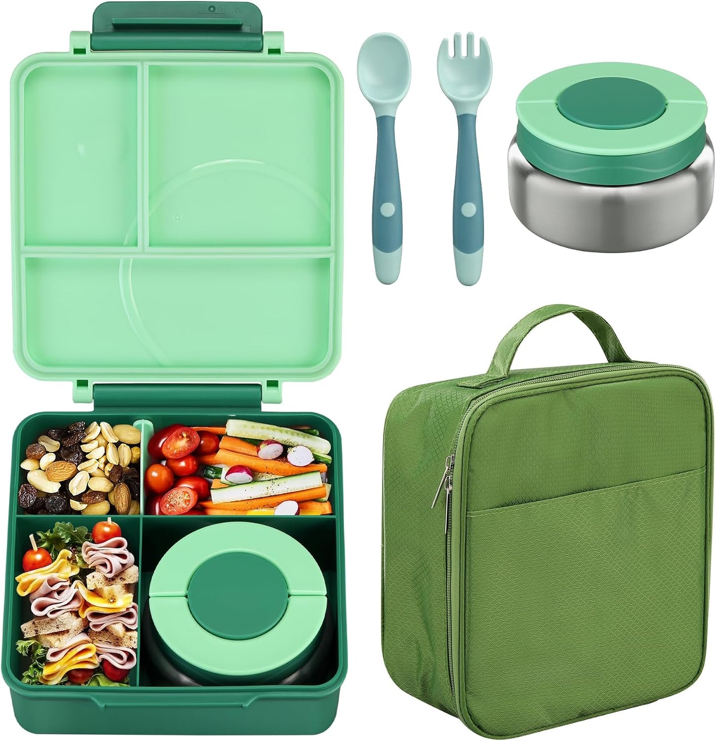 Bento Lunch Box Set for Kids with 8oz Soup Thermo, Leak-Proof Lunch Containers with 4 Compartment, Kids Thermo Hot Food Jar and Insulated Lunch Bag for Kid to School-Black