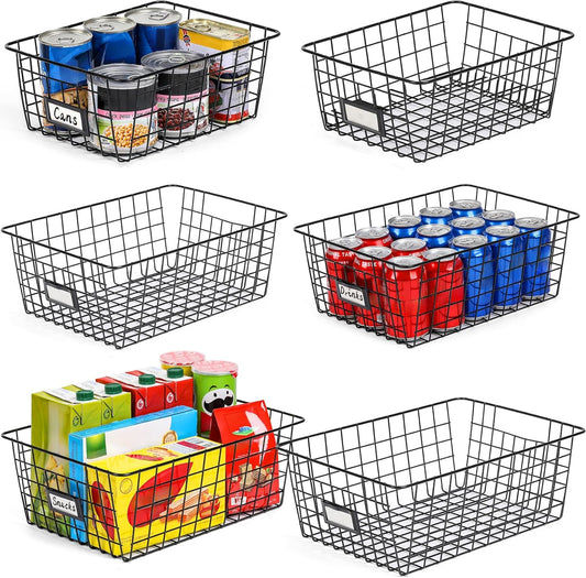 8 Set, Extra Large Wire Baskets for Organizing with Lables, Cabinet Pantry Organization and Storage Bins - Metal Basket for Kitchen, Laundry, Garage, Fridge, Bathroom Countertop Organizer, Black