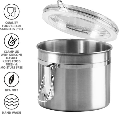 Oggi Stainless Steel Kitchen Canister 62 fl oz - Airtight Clamp Lid, Clear See-Thru Top - Ideal for Kitchen Storage, Food Storage, Pantry Storage. Large Size 5" x 7.5".