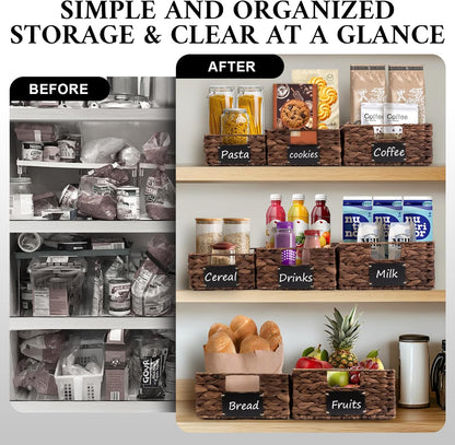 Set of 4 Sizes Hand-Woven Pantry Shelf Baskets, Hyacinth Storage Baskets with Chalkboard Labels & 2 Chalk Markers, Wicker Nestable Basket Set for Organizing Pantry Kitchen Laundry Shelves (Brown)