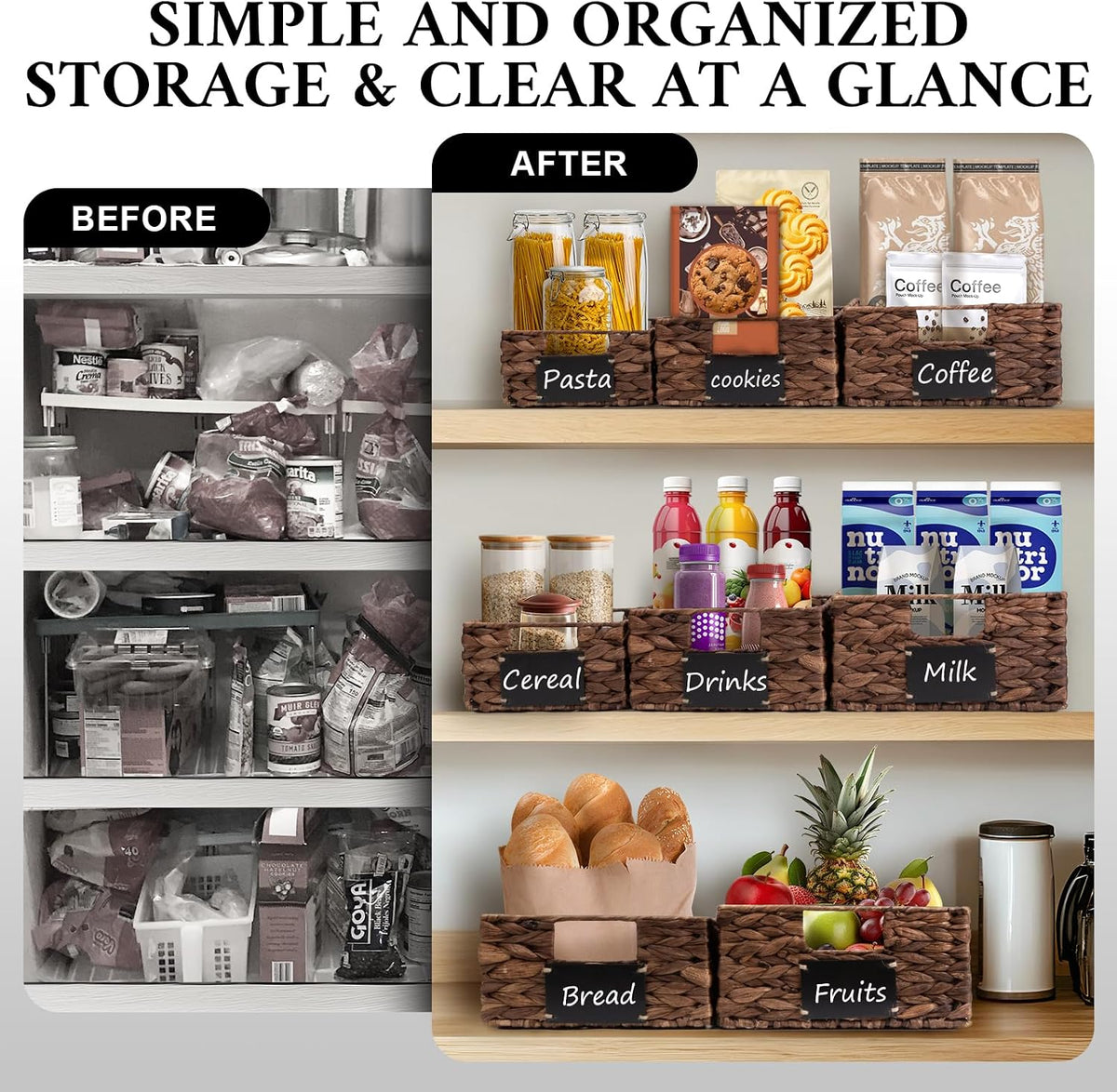 Set of 4 Sizes Hand-Woven Pantry Shelf Baskets, Hyacinth Storage Baskets with Chalkboard Labels & 2 Chalk Markers, Wicker Nestable Basket Set for Organizing Pantry Kitchen Laundry Shelves (Brown)