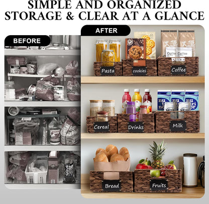 Set of 4 Sizes Hand-Woven Pantry Shelf Baskets, Hyacinth Storage Baskets with Chalkboard Labels & 2 Chalk Markers, Wicker Nestable Basket Set for Organizing Pantry Kitchen Laundry Shelves (Brown)