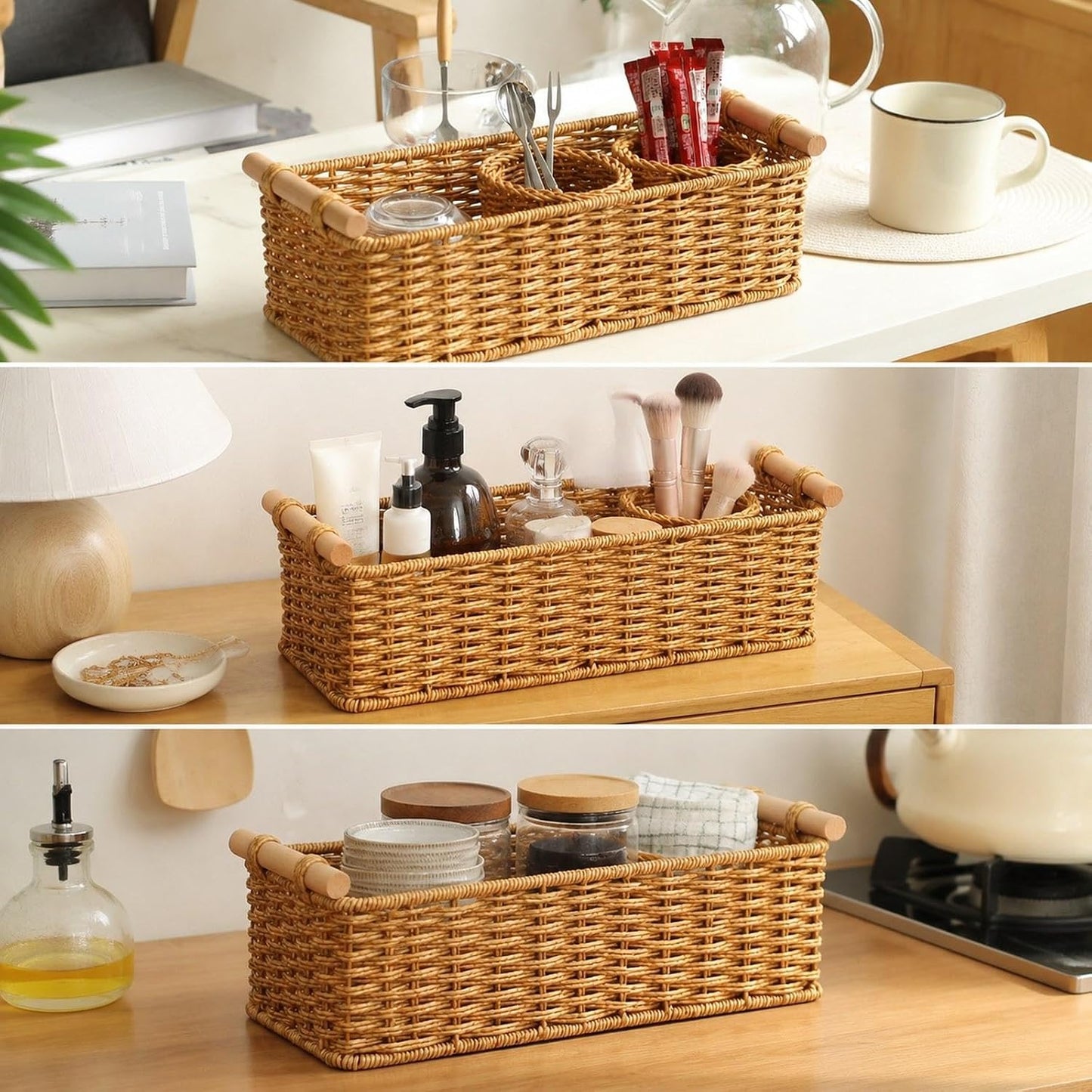 Handwoven Storage Basket Decorative Basket Rectangular with Handles Organizer for Living Room Toilet Pantry Bookcase Cabinet, Style B