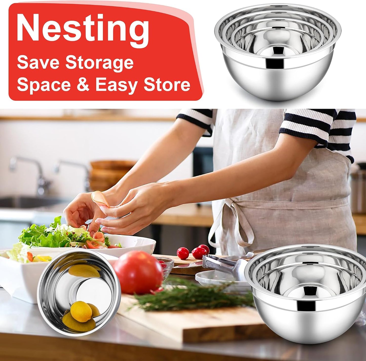 E-far Mixing Bowls With Lids Sets of 5, 10-Piece Stainless Steel Salad Metal Nesting Bowl for Baking Cooking and Prepping, Airtight Lid & Stackable Design, Size 4.6, 3, 2.1, 1.5, 0.7 QT, Black