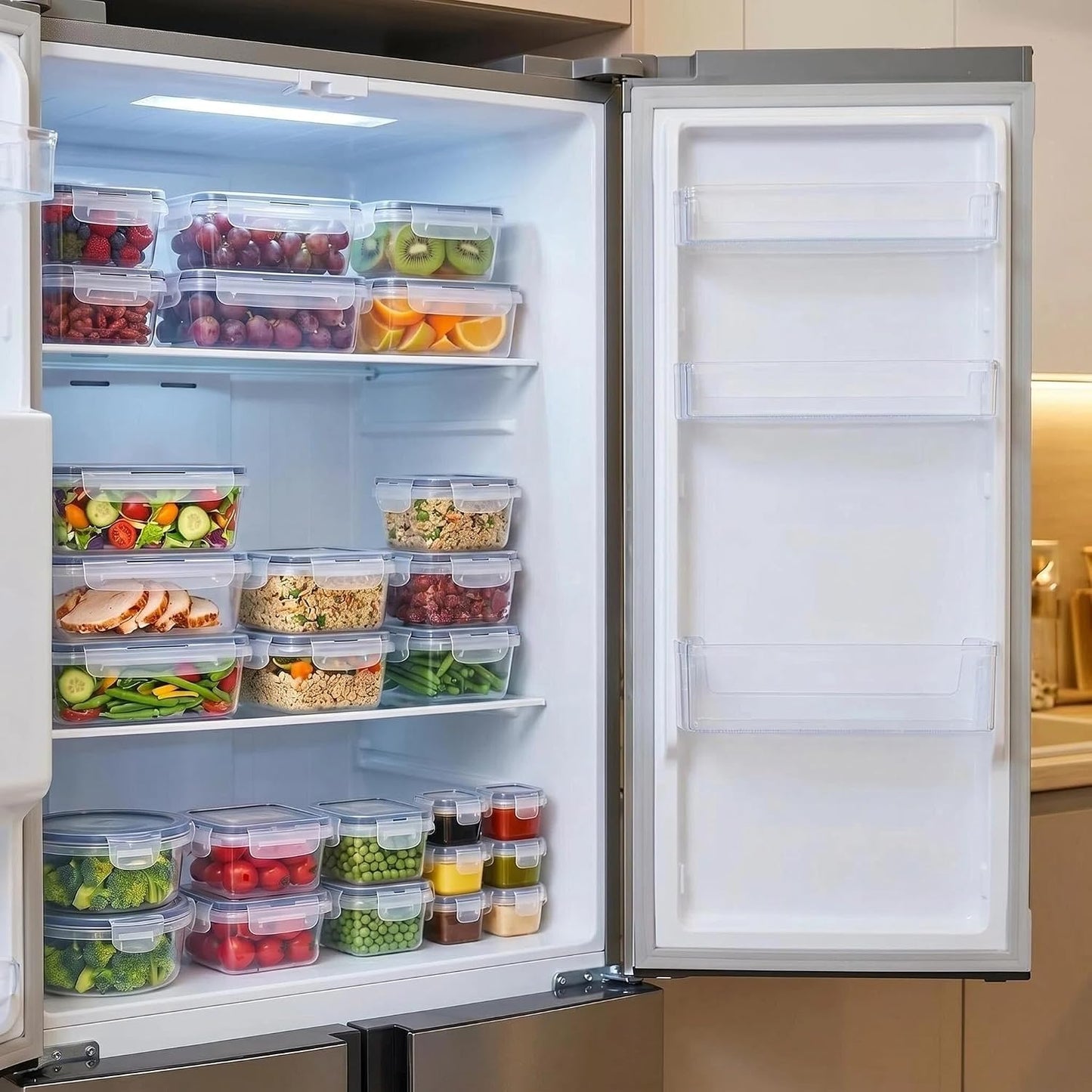 Food Storage Container Set, 50 Piece, Clear Plastic, Airtight Leak-Proof Lids, Meal Prep and Kitchen Organization
