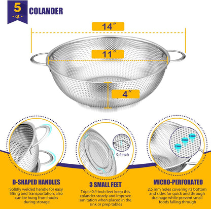 E-far Stainless Steel Colander Set of 3 (1-3-5Quart), Micro-Perforated Metal Colander Strainer with Handle for Kitchen/Draining Pasta/Rinsing Vegetables Fruits, Heavy Duty & Dishwasher Safe