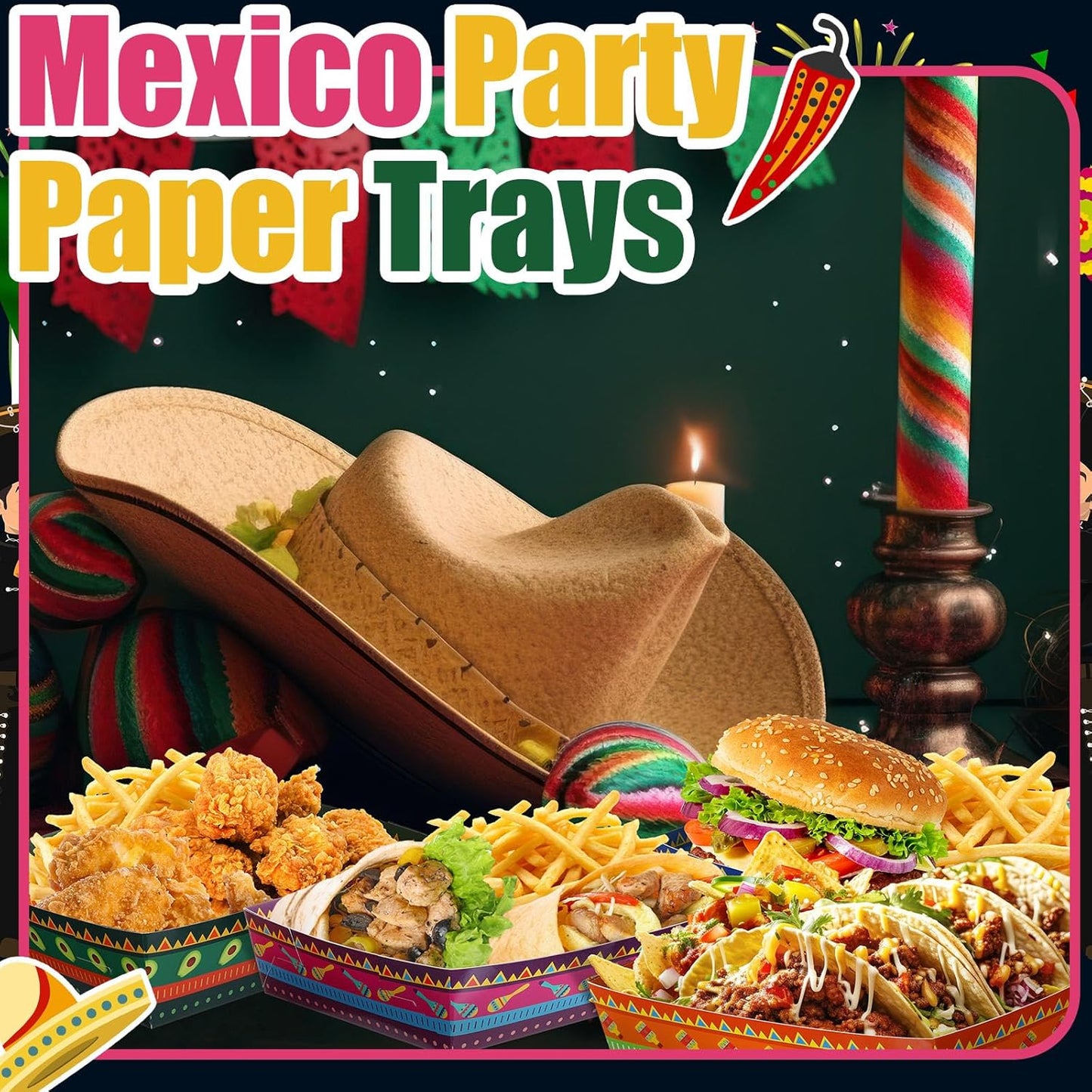 Harloon 36 Pack Mexican Nacho Trays 5 lb Extra Large Mexican Paper Food Trays Fiesta Disposable Cardboard Serving Boats for Cinco De Mayo Taco Fries Snacks Birthday Party Supplies(Floral)