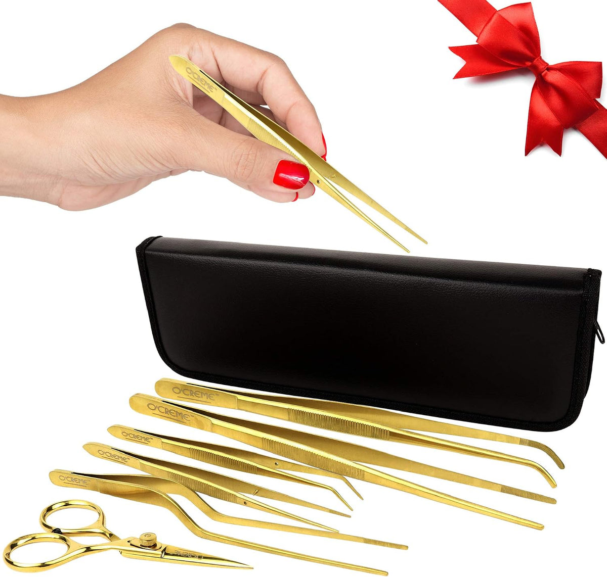 O'Creme Set of Culinary Tweezer Tongs Offset, Straight and Curved, Plus Super Sharp Chef Scissors, Total 6 Pieces (Rose Gold)