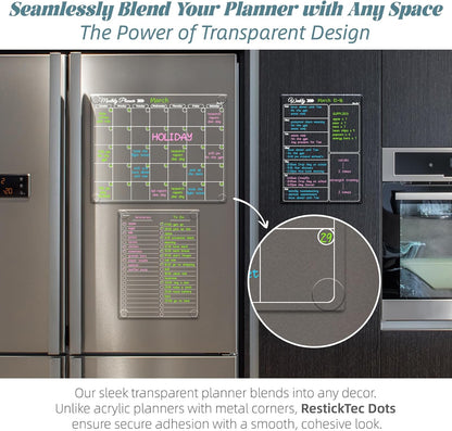 Clear Non-Magnetic Meal Planner Set for Fridge - Dry Erase Transparent Menu and List Board - Sticks to Wall, Glass, Door, Any Smooth Surfaces