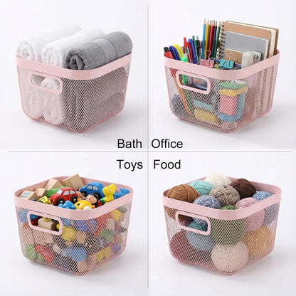 MorningRo 6 Pack Metal Mesh Basket with Hollow Handles Black Wire Storage Bin for Organizing Stackable Metal Fine Mesh Basket for Pantry Bathroom Kitchen Cabinets Shelves (Medium)