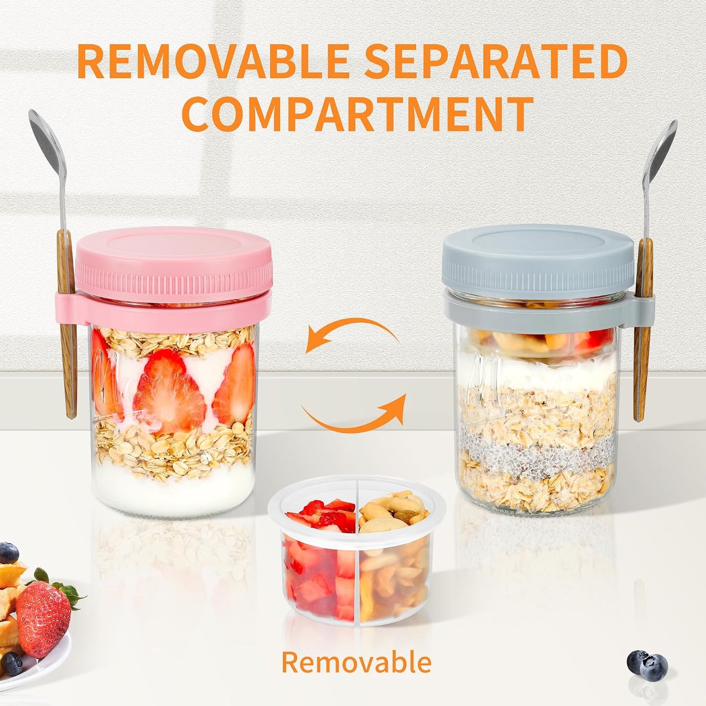 Xyptorix 6 Pack Overnight Oats Containers with Lids and Spoons, 16 oz Mason Jars with Removable Separate Compartments, Airtight and Leak-Proof Glass Jars for Chia Pudding, Yogurt, and Oatmeal