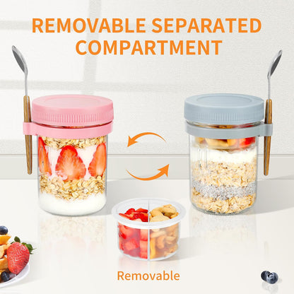 Xyptorix 6 Pack Overnight Oats Containers with Lids and Spoons, 16 oz Mason Jars with Removable Separate Compartments, Airtight and Leak-Proof Glass Jars for Chia Pudding, Yogurt, and Oatmeal