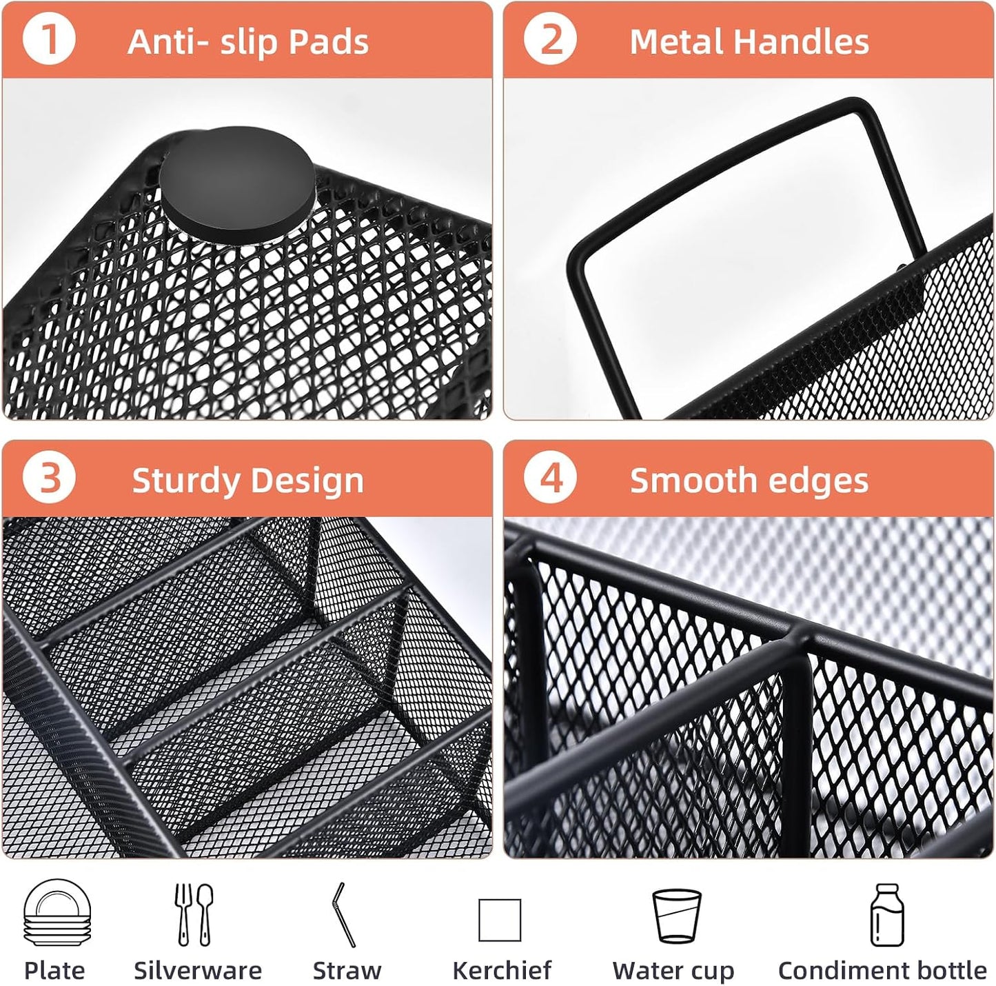 Silverware Organizer with Handle - Metal Utensil Caddy for Kitchen Counter, 7 Compartment for Plate, Cup, Napkin, Paper Plate Dispenser for Party, Picnic