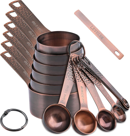 Copper Measuring Cups and Spoons Set 14, Stainless Steel Measuring Cups and Spoons set, Metal 6 Measure Cup and 7 Measure Spoon with 1 Leveler for Kitchen & Baking