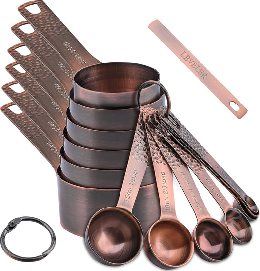 Copper Measuring Cups and Spoons Set 14, Stainless Steel Measuring Cups and Spoons set, Metal 6 Measure Cup and 7 Measure Spoon with 1 Leveler for Kitchen & Baking