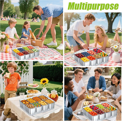 Snackle Box Container Stainless Steel - Reusable 8 Compartment Divided Serving Tray with Lid and Handle, Clear Portable Snack Containers Platters Storage Organizer for Snacks Fruit Candy Veggie Nuts