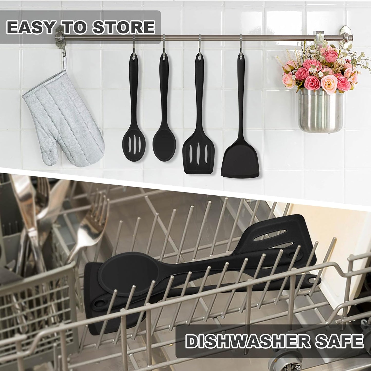 TeamFar Silicone Cooking Utensils, 4pcs Kitchen Utensils Set with Silicone Spatulas & Spoons, Heat-Resistant Solid & Slotted Cooking Spoons Turners for Non-stick Cookware, Dishwasher Safe, Black