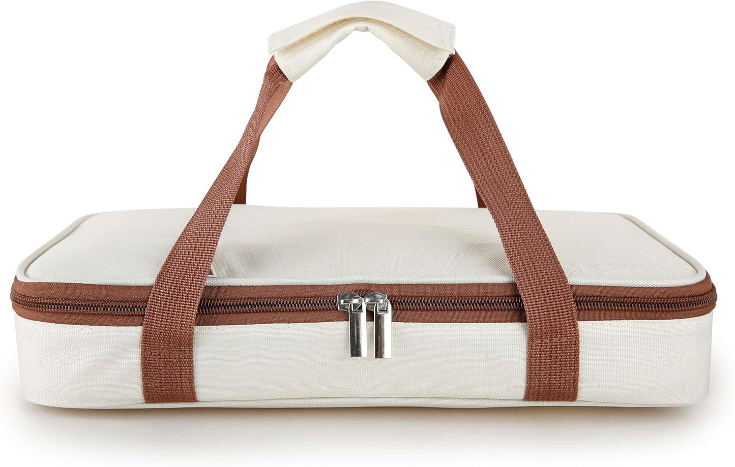 Glass Casserole with Insulated Carry Bag - 3 Quart Capacity, Microwave, Oven, and Freezer Safe, Includes Lid and Carry Bag. Overall Size 13.75"x 8.5"x 2" - Beige
