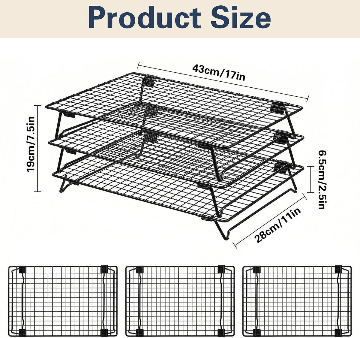 3-Tier Stackable Cooling Rack for Cooking and Baking, 17" x 11" Large Black Wire Cooling Rack, Foldable & Heavy Duty Cookie Cooling Rack, Oven Safe Baking Rack