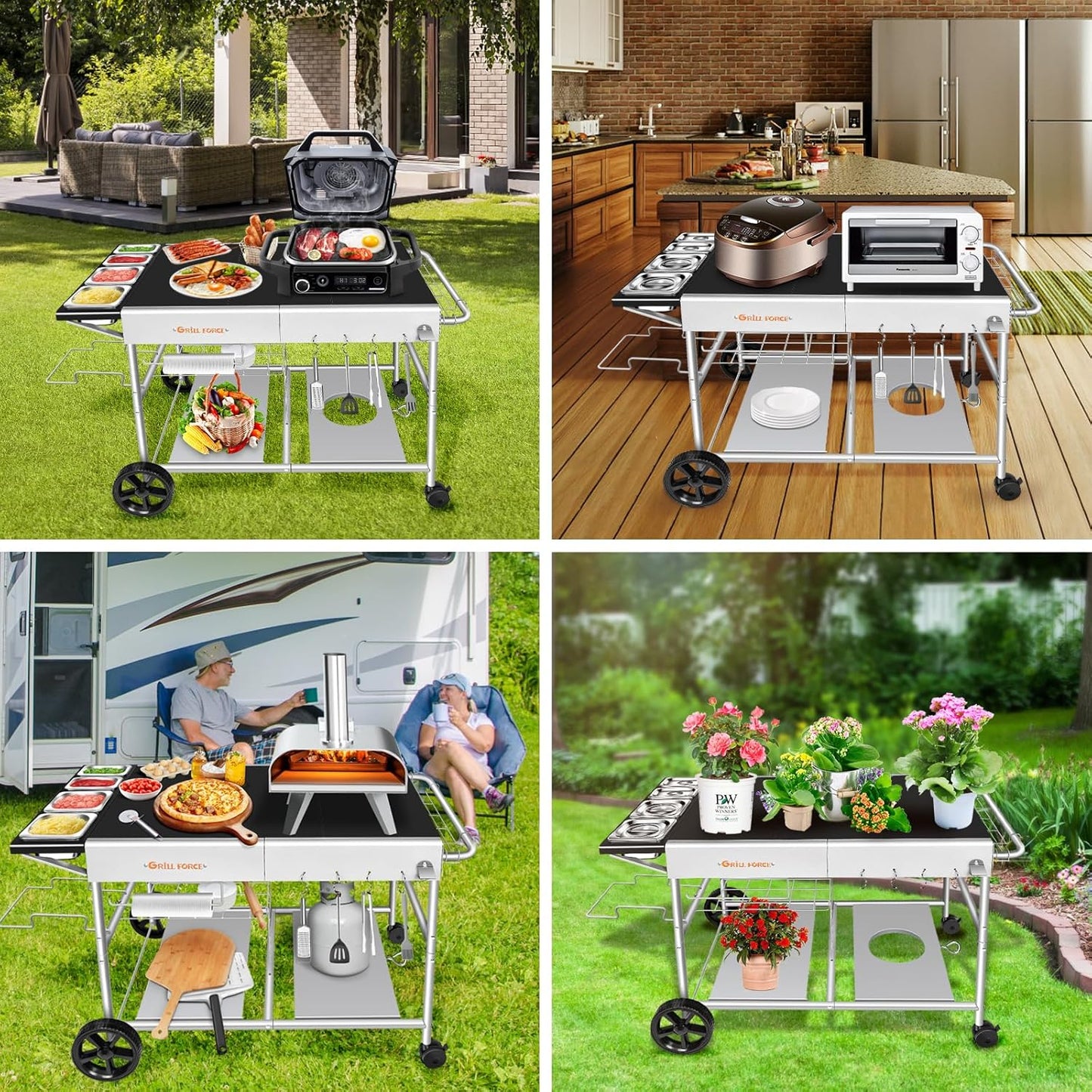 Outdoor Pizza Oven Table for Ninja Woodfire, Blackstone Tabletop Grill, Portable Grill Cart & Food Prep Work Table, Movable Pizza Oven Cart for Backyard BBQ and Patio Parties