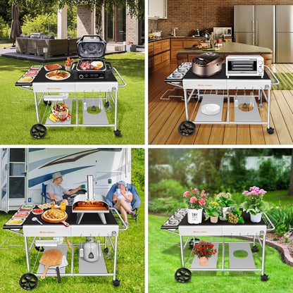 Outdoor Pizza Oven Table for Ninja Woodfire, Blackstone Tabletop Grill, Portable Grill Cart & Food Prep Work Table, Movable Pizza Oven Cart for Backyard BBQ and Patio Parties