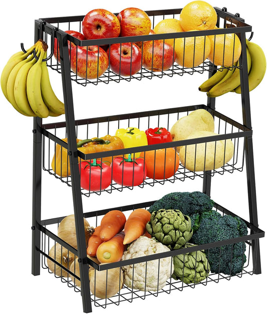 Simple Trending Fruit Basket 2-Tier Detachable, with Banana Hangers & Rust-Proof Metal Mesh, Ventilated Kitchen Organizer for Countertop, Perfect for Fruits, Vegetables, Snacks Storage