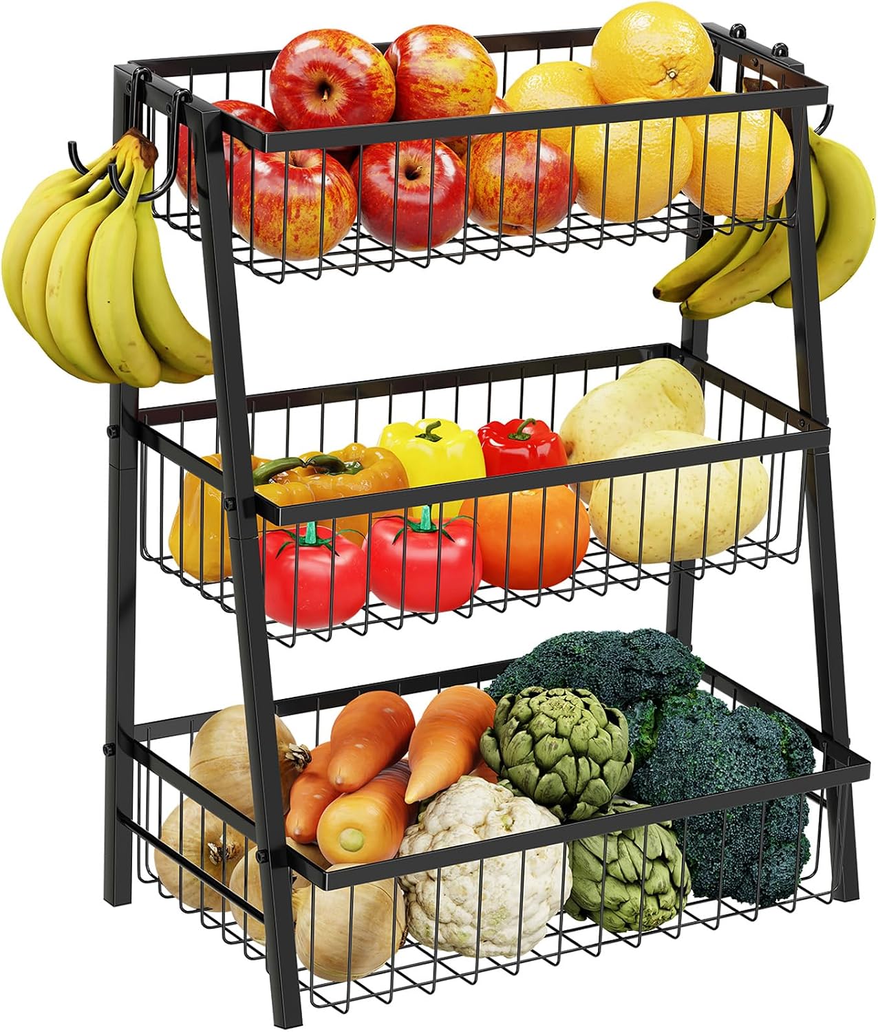 Simple Trending Fruit Basket 2-Tier Detachable, with Banana Hangers & Rust-Proof Metal Mesh, Ventilated Kitchen Organizer for Countertop, Perfect for Fruits, Vegetables, Snacks Storage