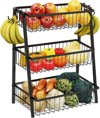 Simple Trending Fruit Basket 2-Tier Detachable, with Banana Hangers & Rust-Proof Metal Mesh, Ventilated Kitchen Organizer for Countertop, Perfect for Fruits, Vegetables, Snacks Storage