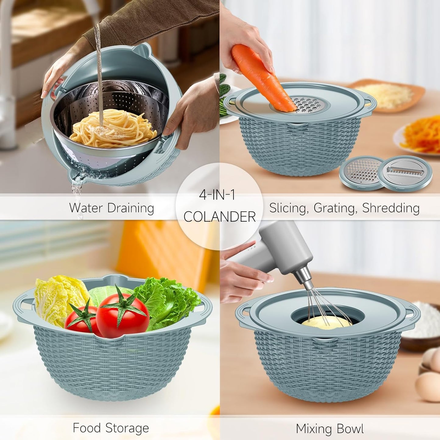 4-1 Colander with Bowl & Spoons Set - Rotatable Colander for kitchen with New Upgraded Graters, Food Strainer(Patented) for Pasta, Fruits, Vegetables, Funny Presents for Women, Beige