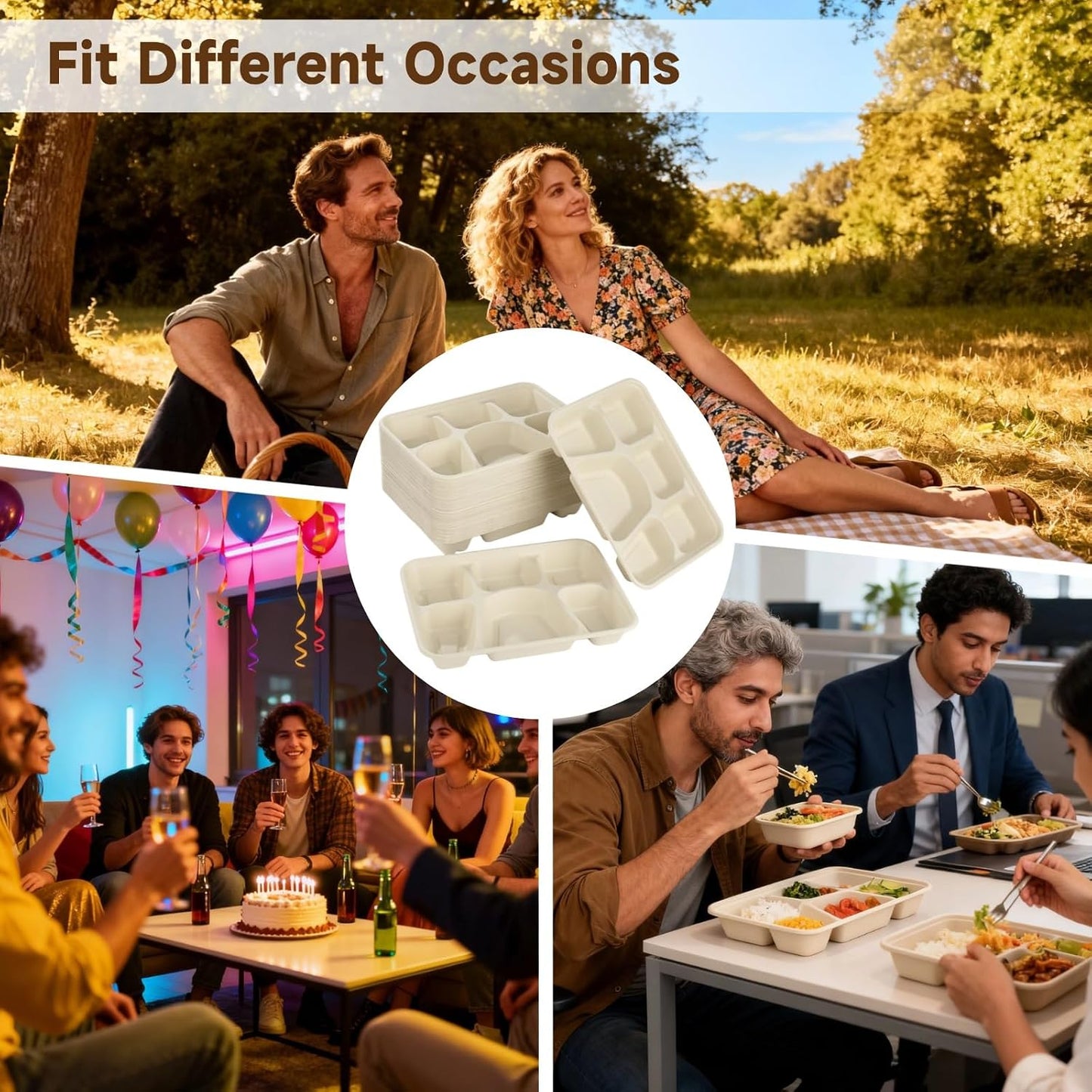 50 Pcs 6 Compartment Disposable Paper Plates Heavy Duty Divided Pulp Paper Meal Prep Containers Heavy-duty Lunch Plates Microwave & Freezer Safe