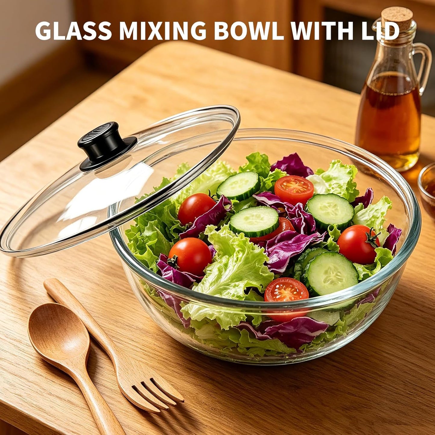 6.3 QT Glass Mixing Bowl with Lid, Large Glass Bowl for Sourdough Bread Making, Deep Glass Salad Bowl for Cooking, Baking, Food Prep, Dishwasher Microwave Freezer Safe